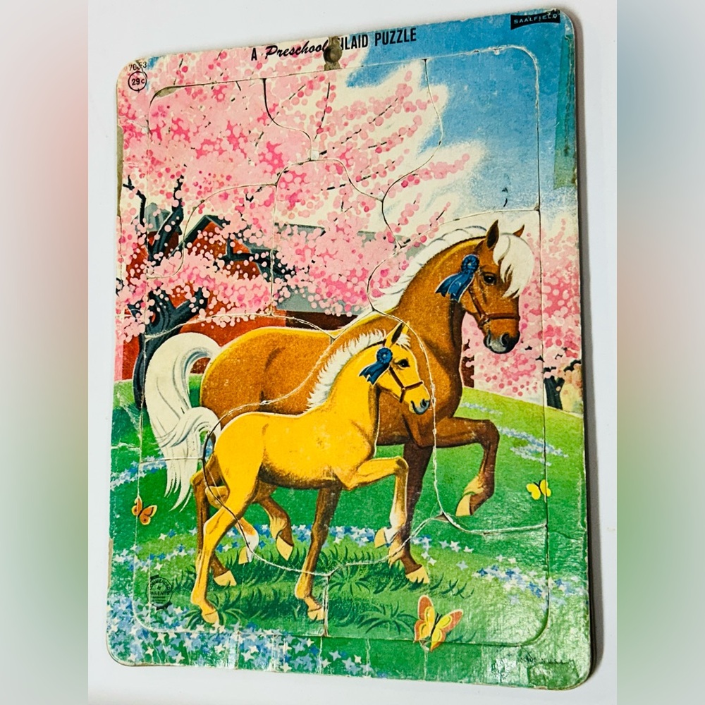 Saalfield Vintage Puzzle Horse Mare Foal Prancing by Flowering Tree Rare